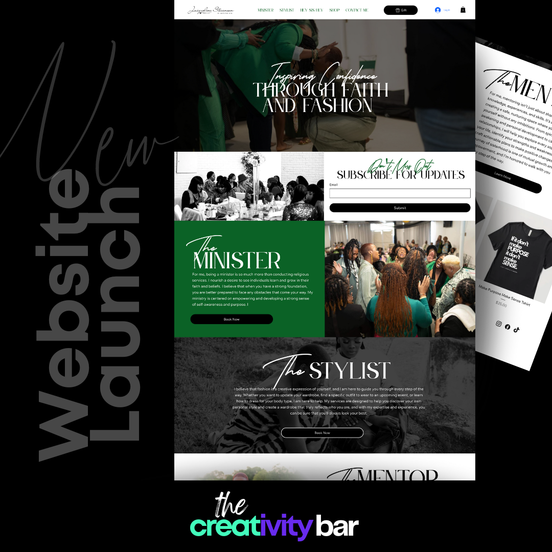 Website launch graphic with website screenshots. Green and black color scheme.