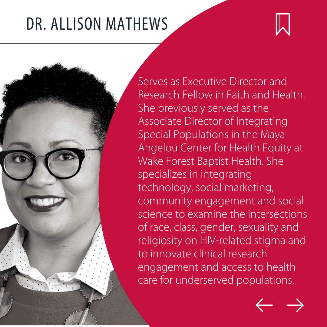 Dr. Allison Mathews, smiling, wearing glasses, a patterned top. Text details her work in health equity.