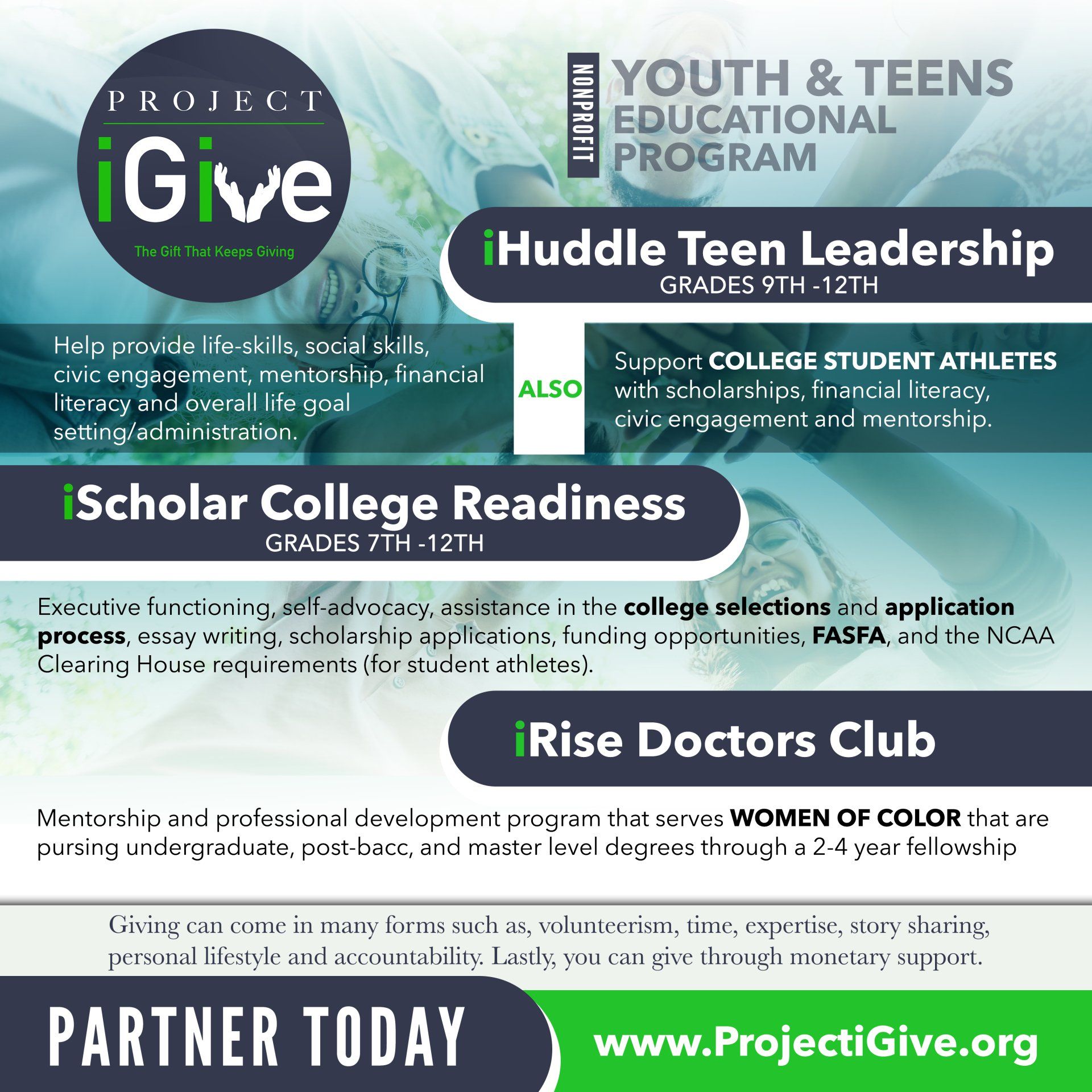 Project iGive educational program with teen leadership, college readiness, and doctor's club.