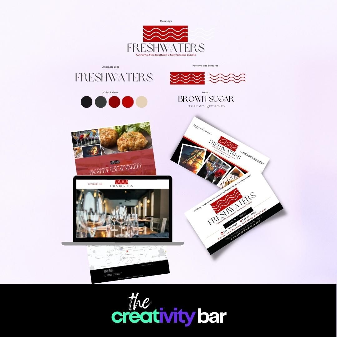 Freshwaters restaurant brand identity guide. Features logo, color palette, website mockup, business cards, and food images.