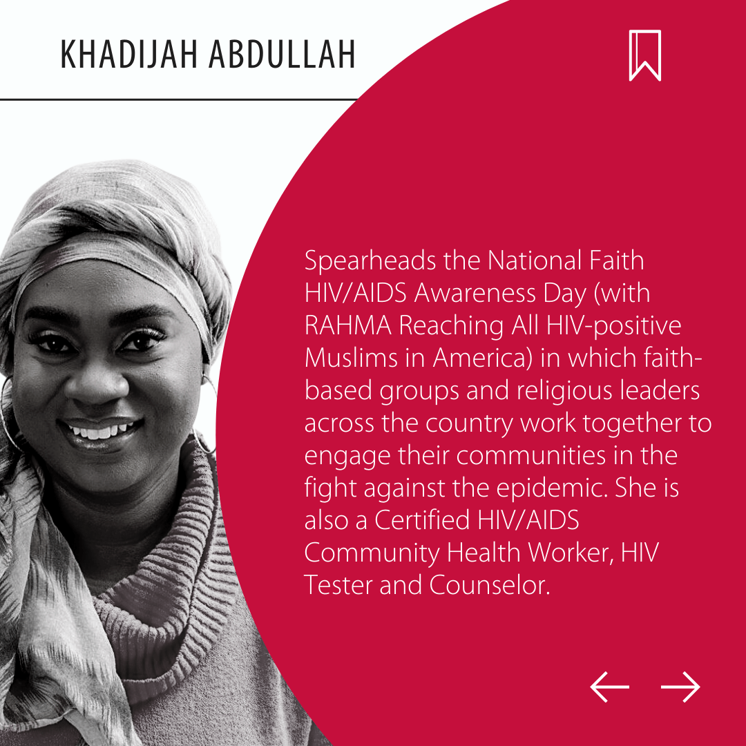 Khadijah Abdullah, smiling woman with a headscarf. Text describes her work in HIV/AIDS awareness and support.