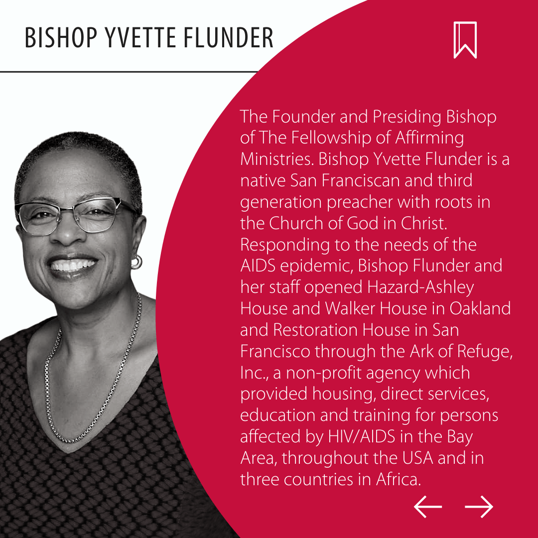 Bishop Yvette Flunder with glasses and text about her ministry and Ark of Refuge, Inc.