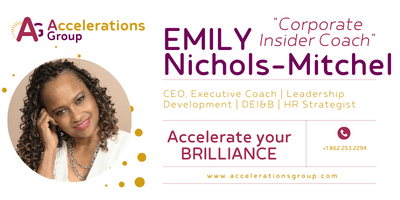 Business card for Emily Nichols-Mitchel, a corporate insider coach. Includes a photo of her, contact info, and company logo.