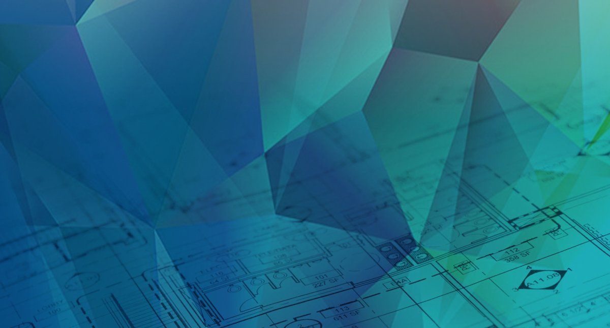 A blue and green geometric background with a blueprint in the background.
