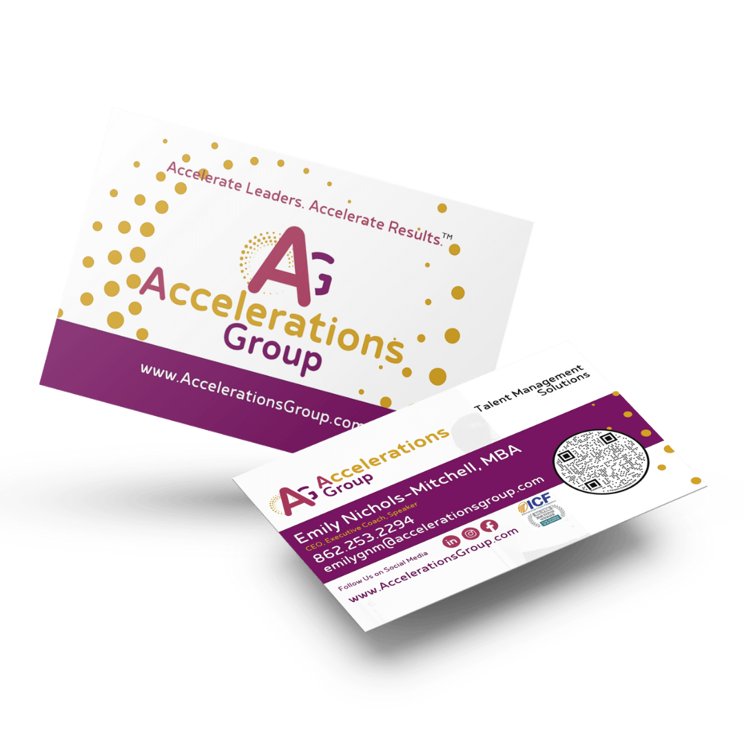 Business cards for Accelerations Group, with a purple and gold color scheme, floating in air.