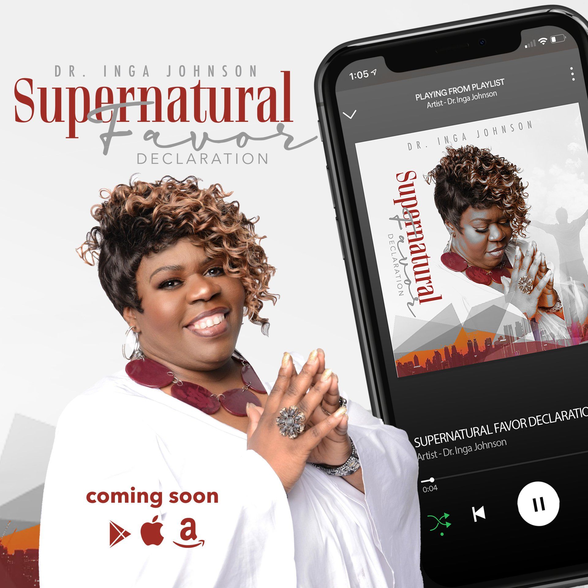 Dr. Inga Johnson with album art on a phone, promoting 