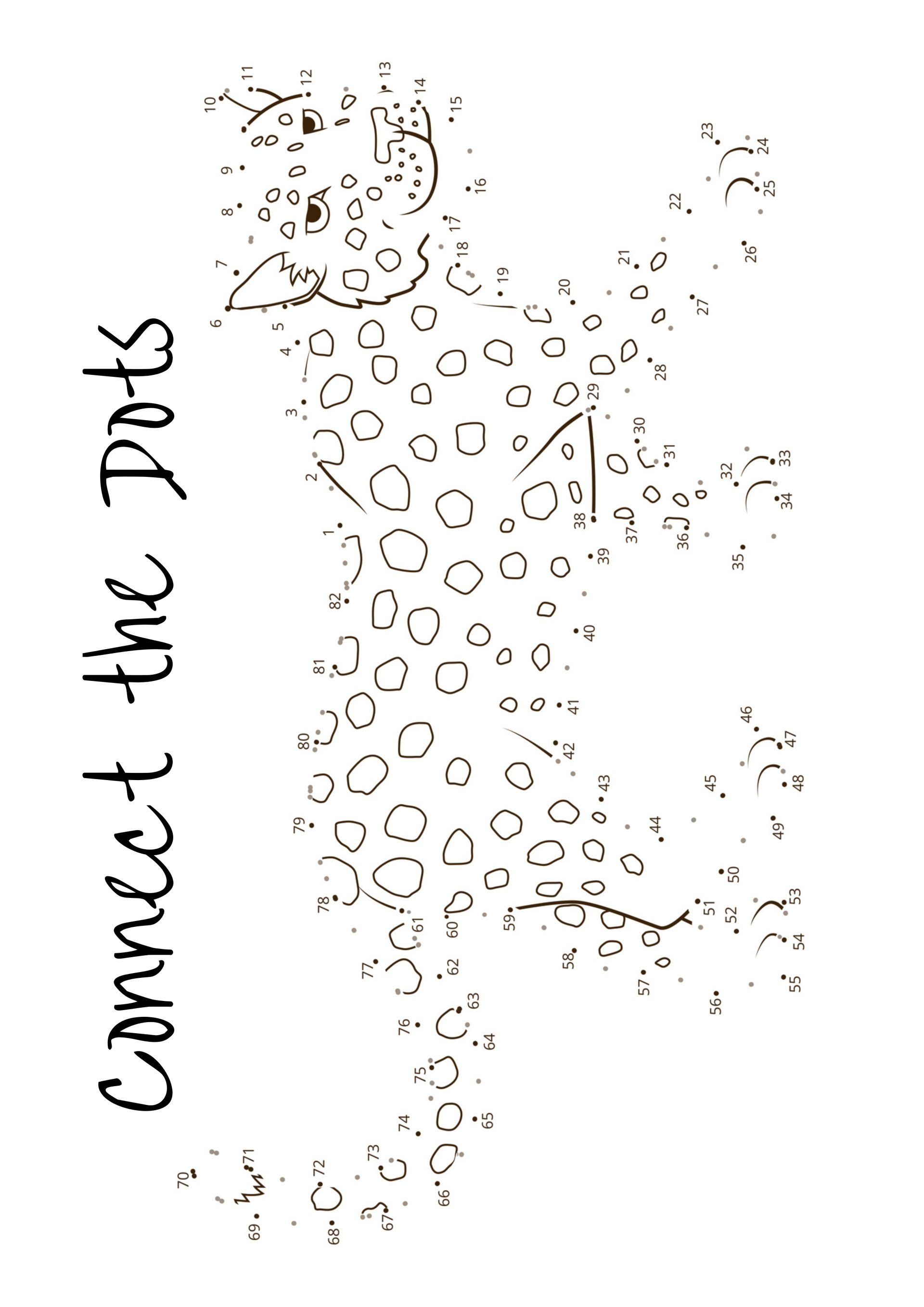 A black and white drawing of a leopard with the words `` connect the dots '' below it.