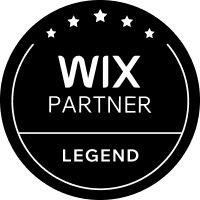Black and white Wix Legend Partner badge with text and stars.