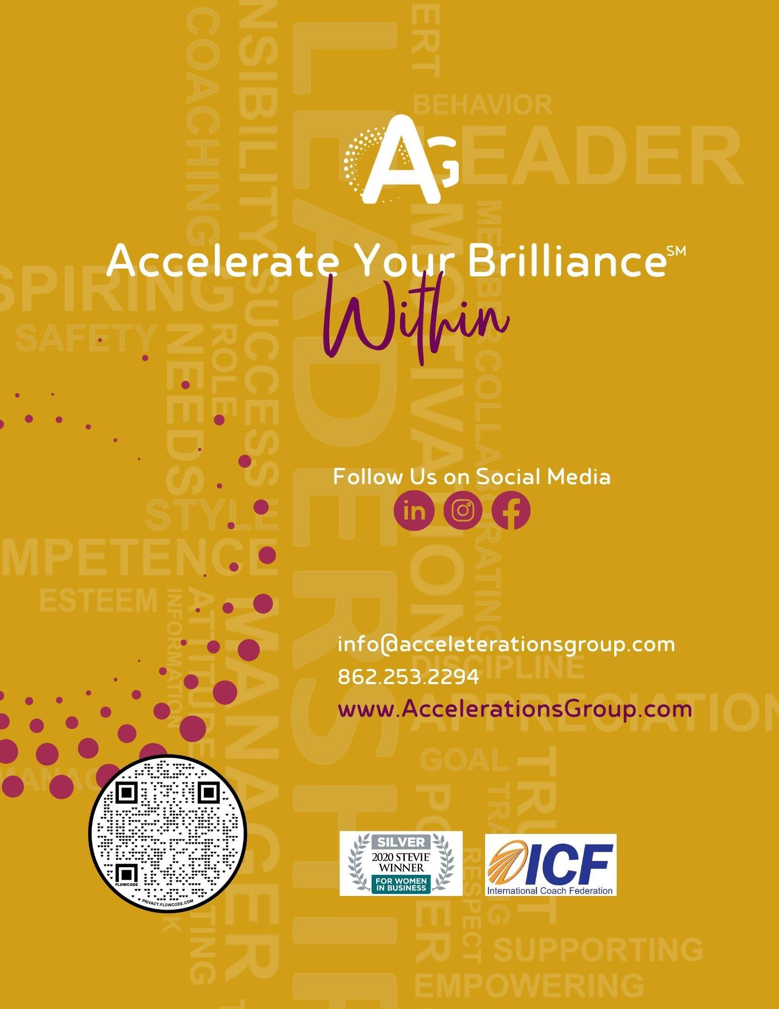 Advertisement for Accelerators Group, golden background with text and social media icons.