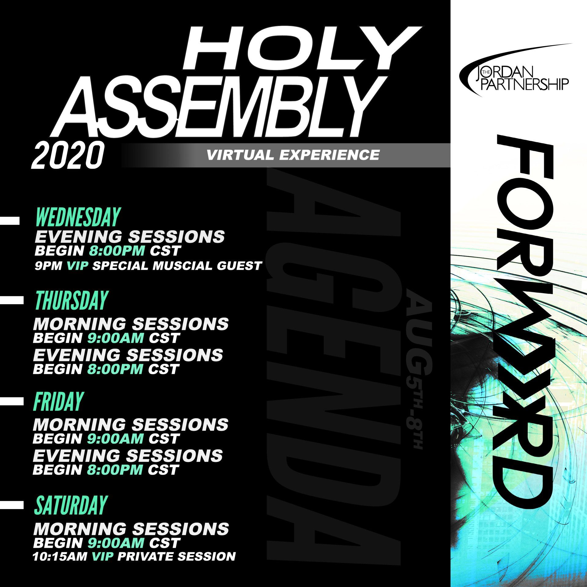 Holy Assembly 2020 event agenda, August 5th-8th. Includes virtual session times and 