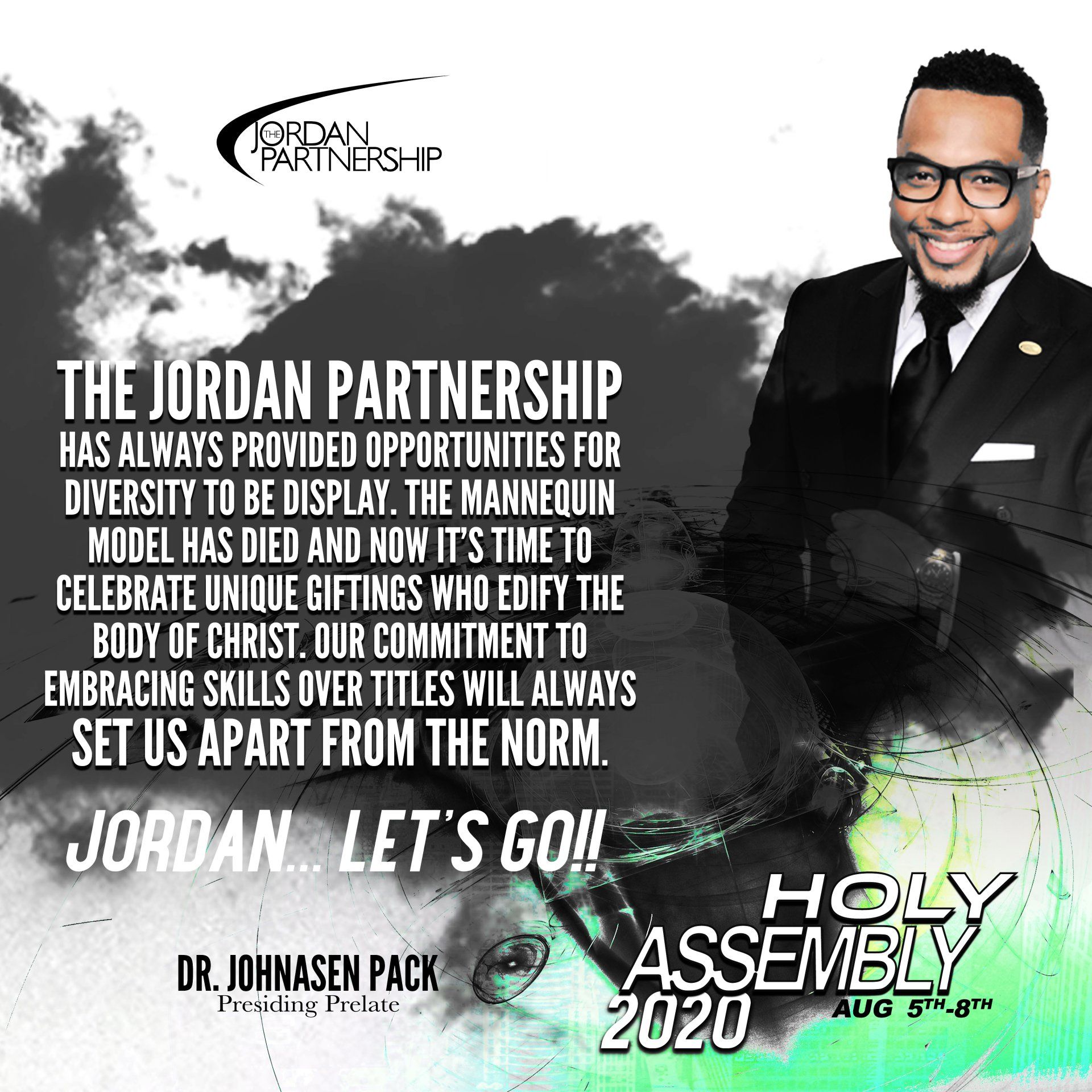 Advertisement for Holy Assembly 2020: smiling man in suit, text overlay about Jordan Partnership.