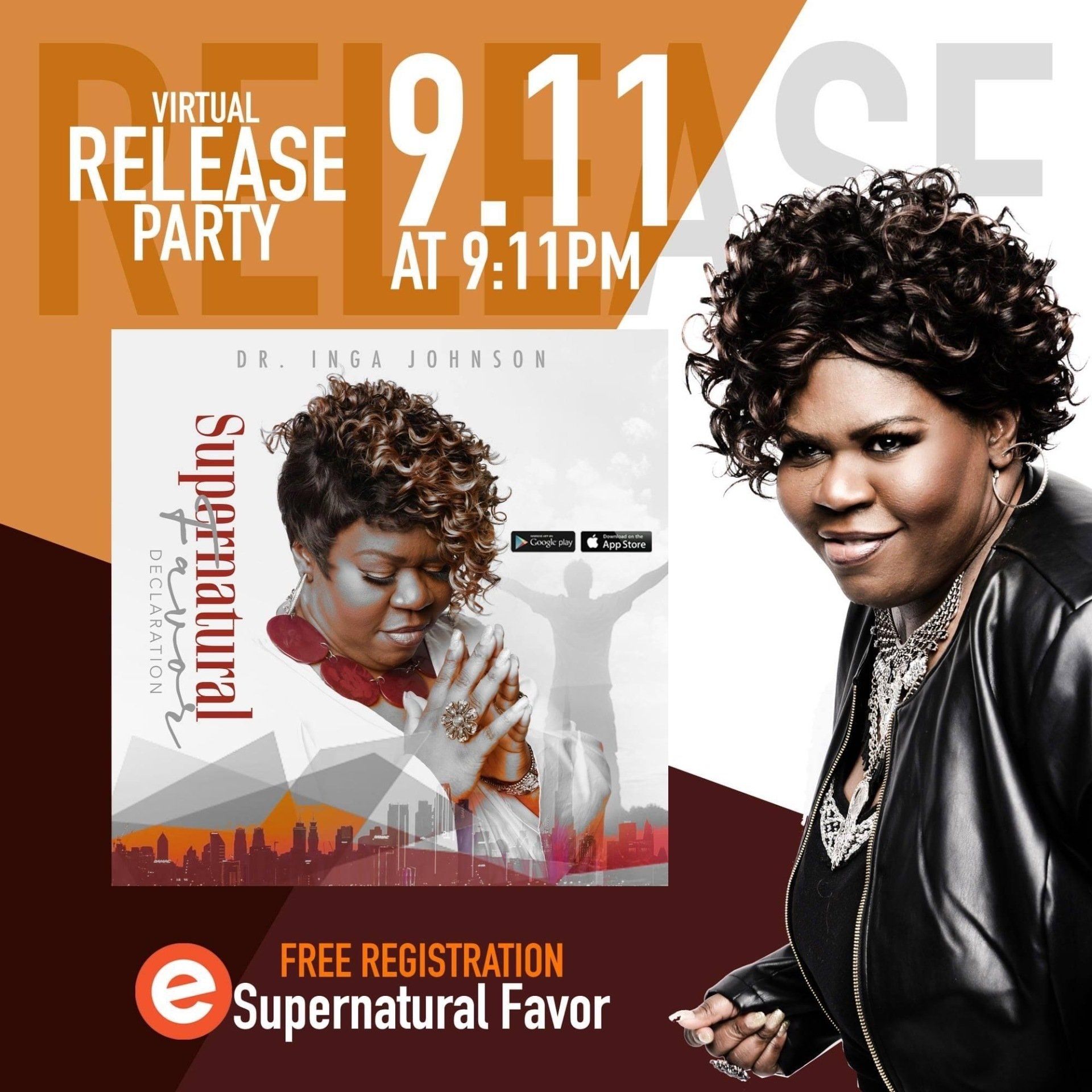 Virtual release party for Dr. Inga Johnson's Supernatural album on Sept 11th, 9:11 PM. Orange/brown graphic.