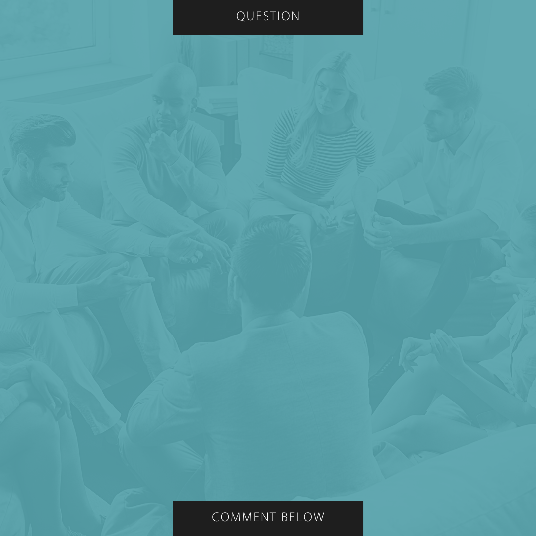 People in a circle, possibly a therapy group, in a dimly lit room; teal overlay.