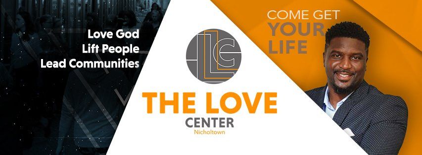 An advertisement for The Love Center featuring a smiling man in a suit, and the words 