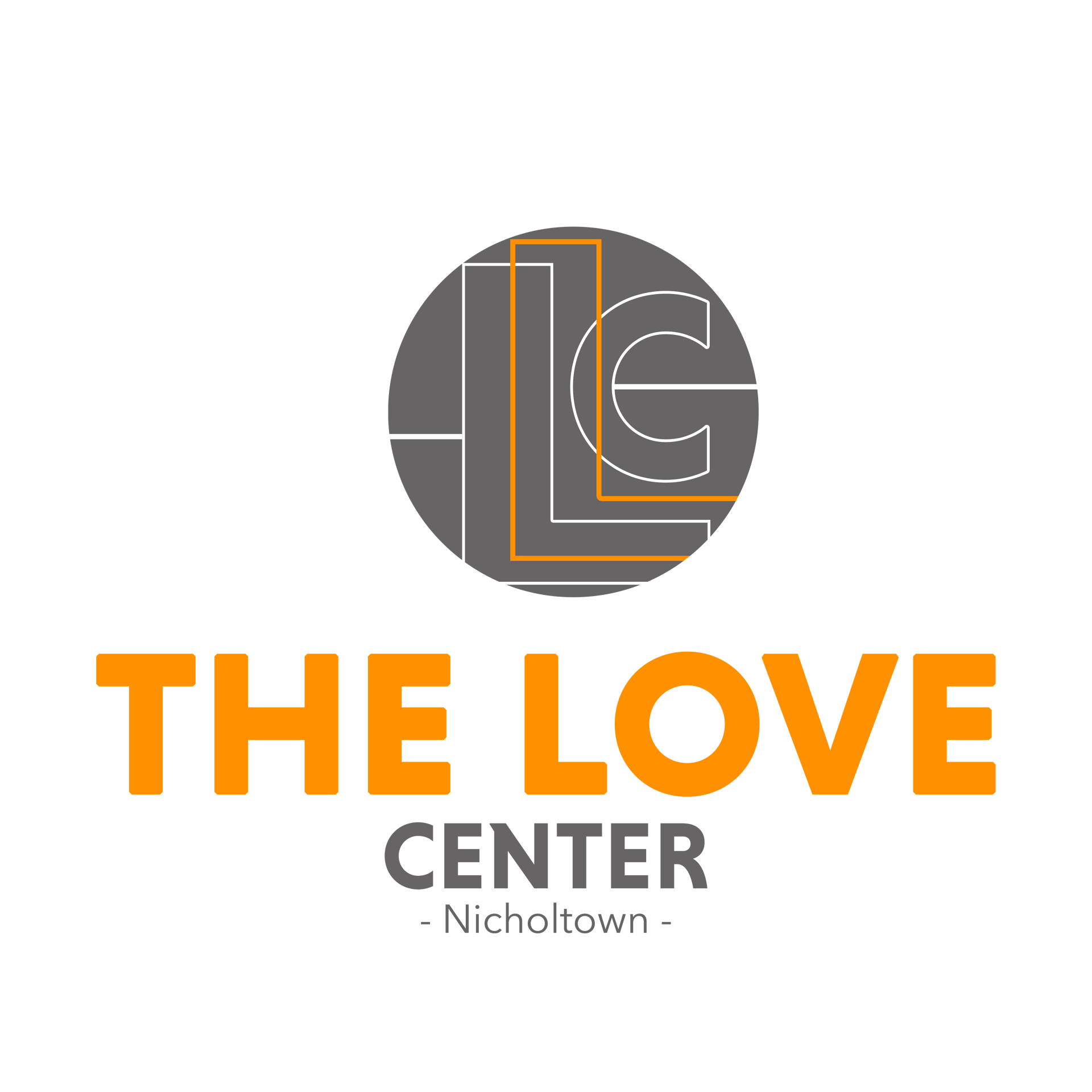 Logo for The Love Center, with orange text and gray and orange graphic in a circle.