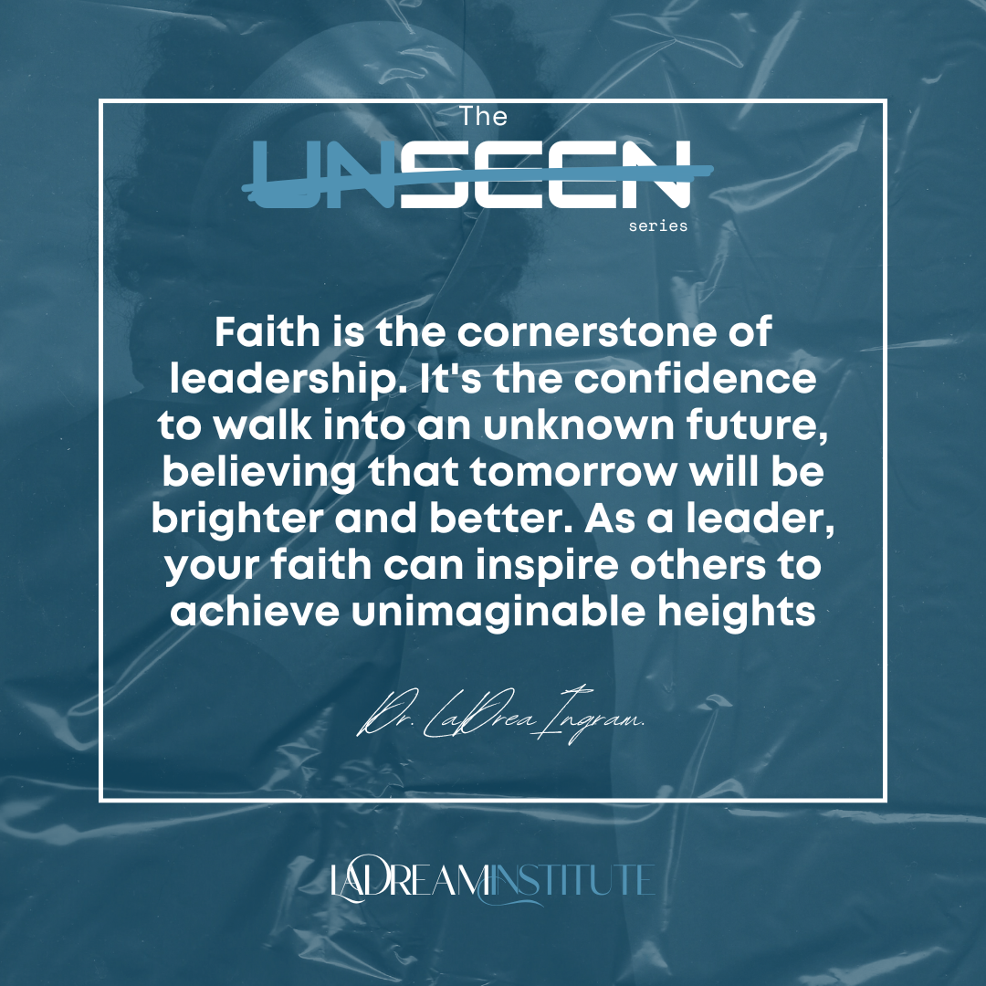 Quote about faith in leadership on blue background.