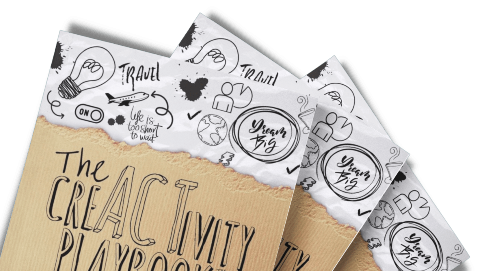 Three pieces of paper with the words `` the creativity playbook '' written on them.