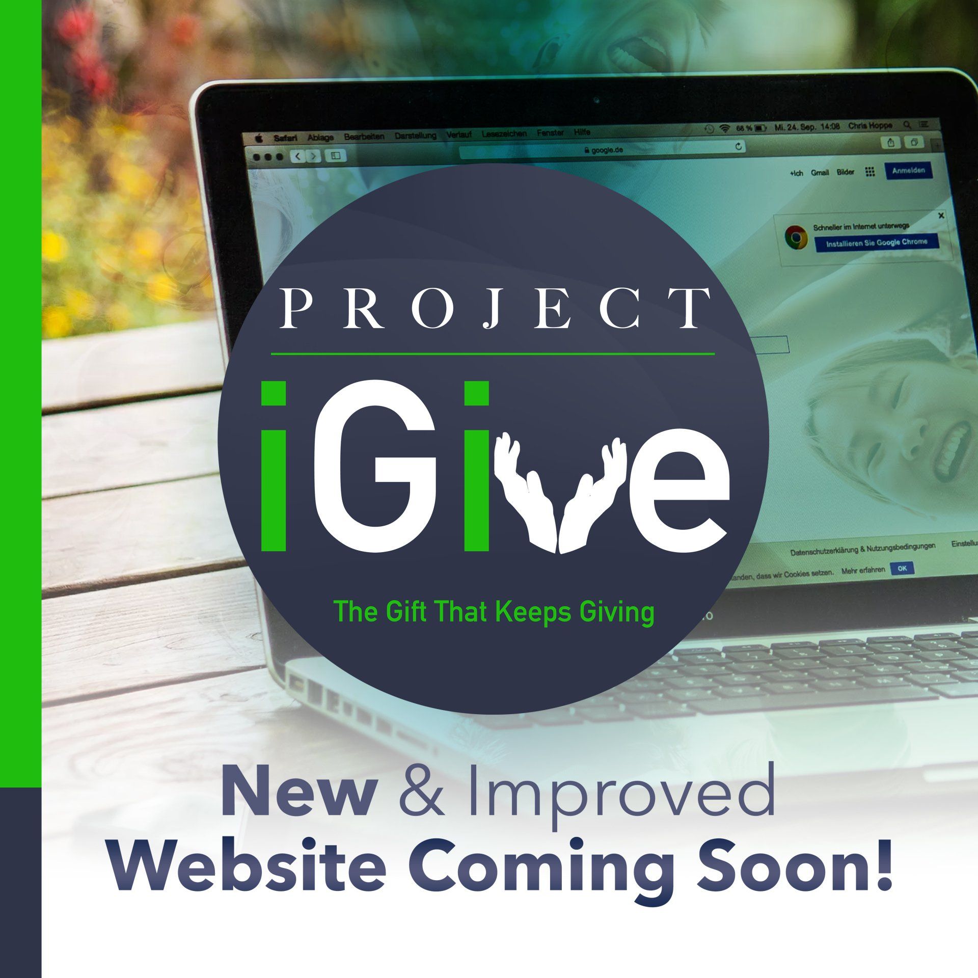 Project iGive logo with open hands over laptop, 