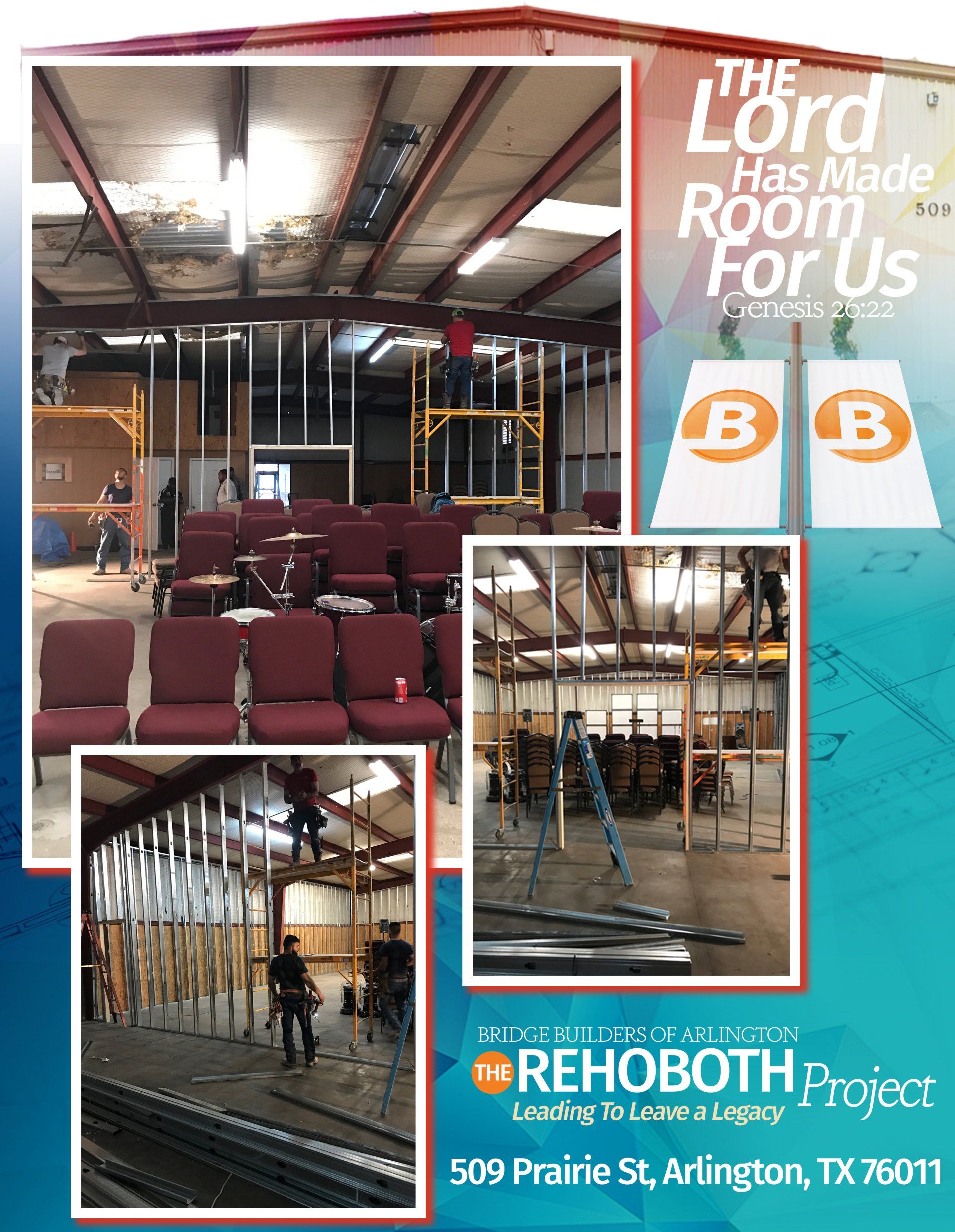 Construction photos of Rehoboth Project, Arlington, TX. Text: The Lord Has Made Room For Us.