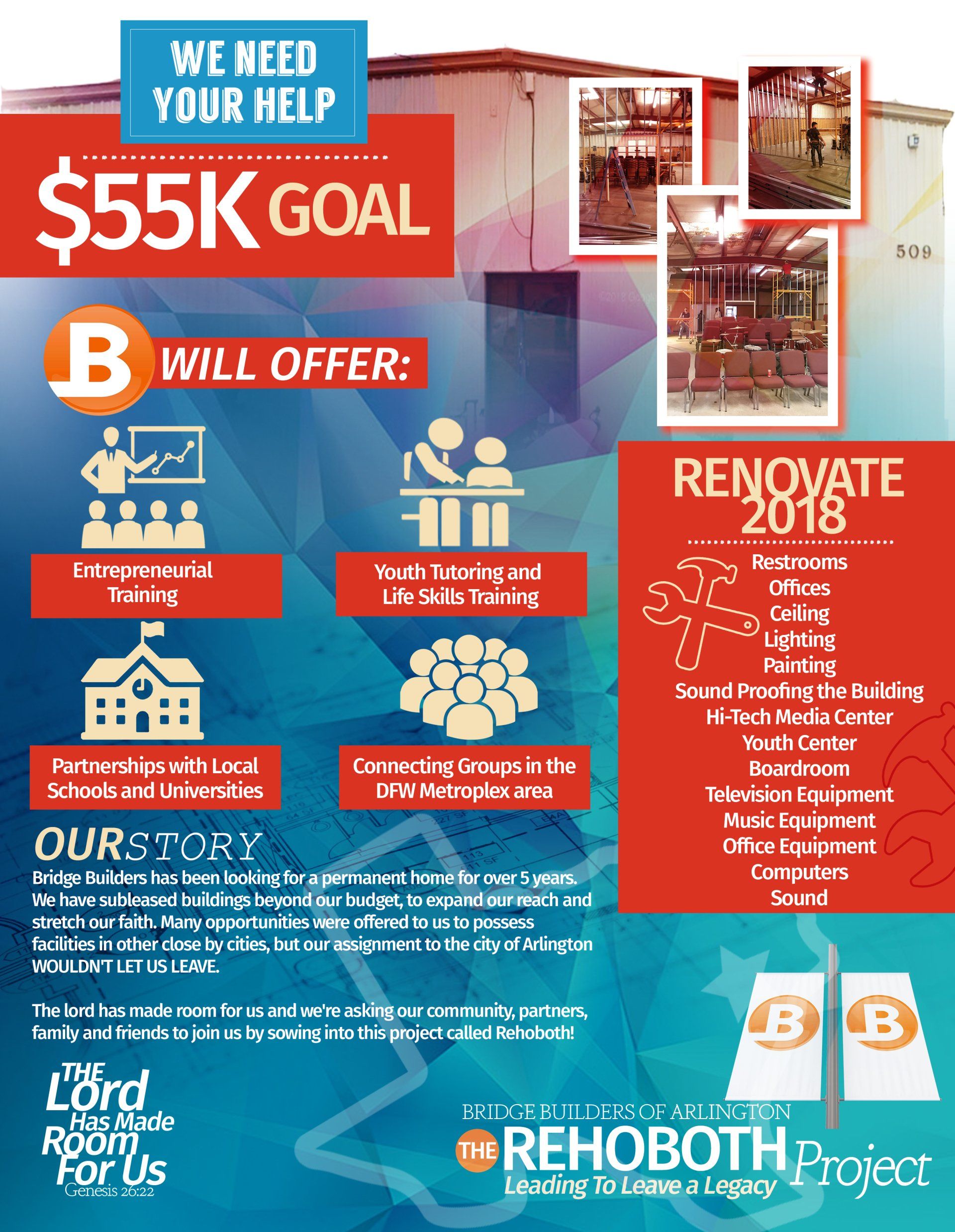 Flyer asking for donations for the Rehoboth Project. Includes fundraising goals, project details, and a mission statement.