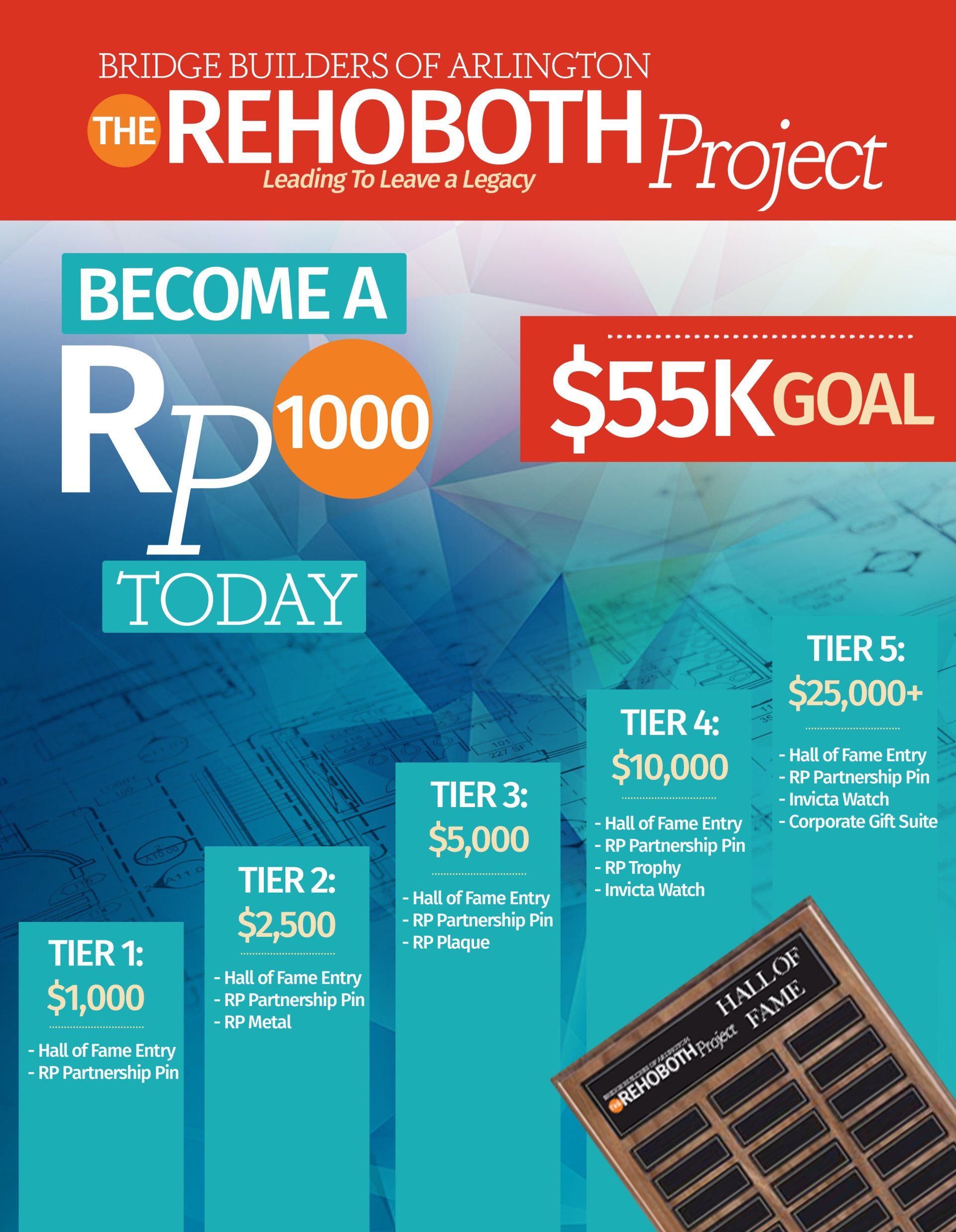 Promotional poster for the Rehoboth Project: fundraising campaign, blue background, tiers of donation amounts with goals.