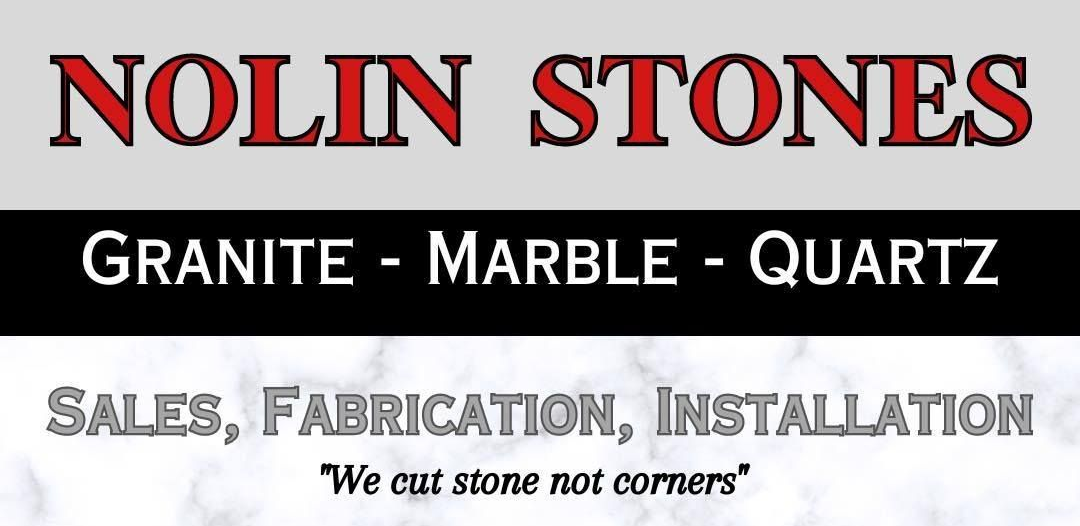 Logo for Nolin Stones, offering granite, marble, and quartz sales, fabrication, and installation. Text reads: 