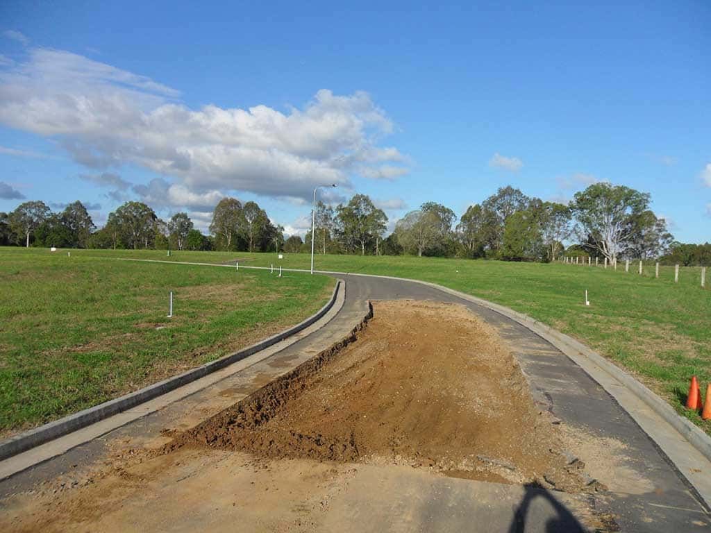 A dirt road going through a grassy field with trees in the background.