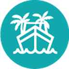 An icon of a boat in the ocean with palm trees.