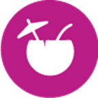 A purple circle with a white icon of a coconut with an umbrella sticking out of it.