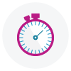 A purple and white stopwatch icon on a white background.