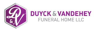 DuYck & VandeHey Funeral Home LLC logo with purple hexagon monogram and text on white background