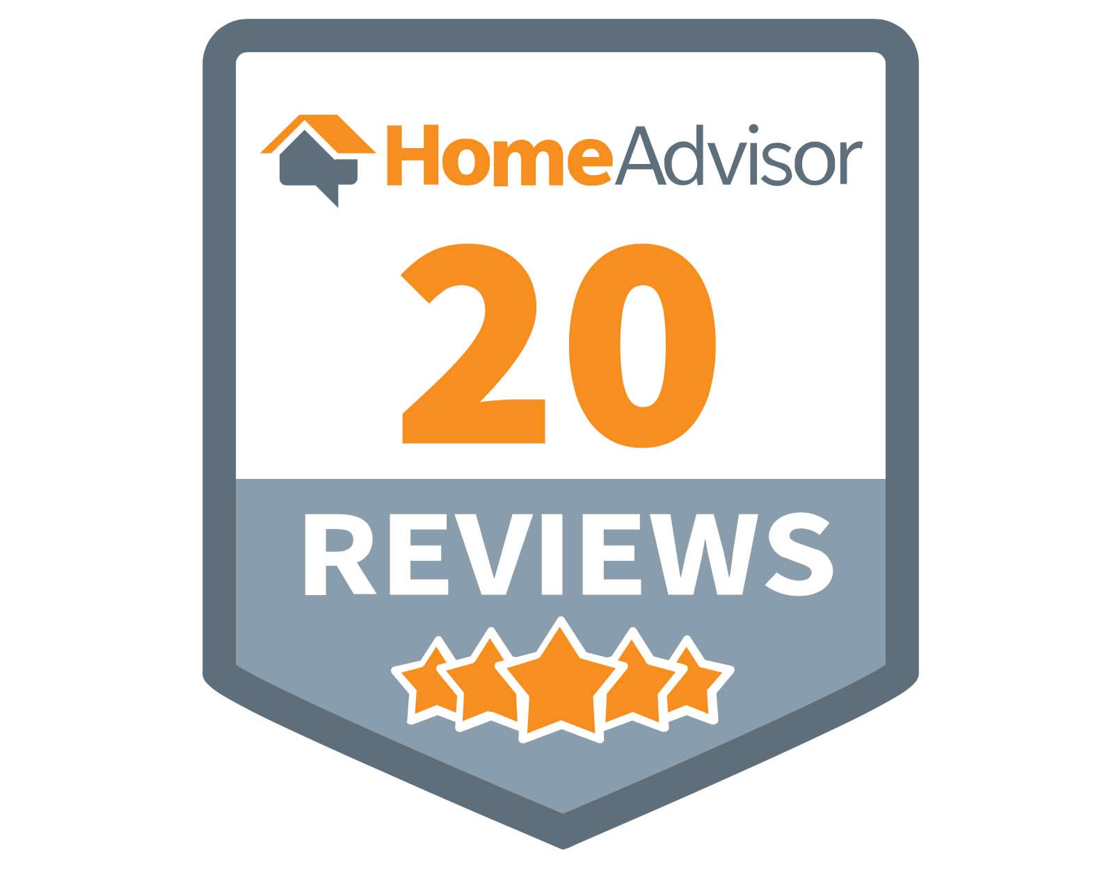 A home advisor badge with 20 reviews and three stars.