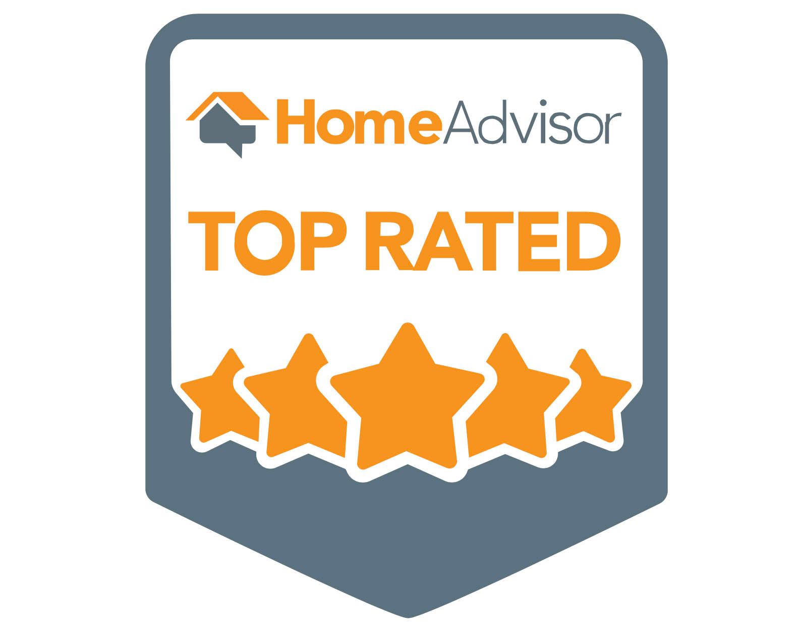 A home advisor top rated badge with five stars on it.