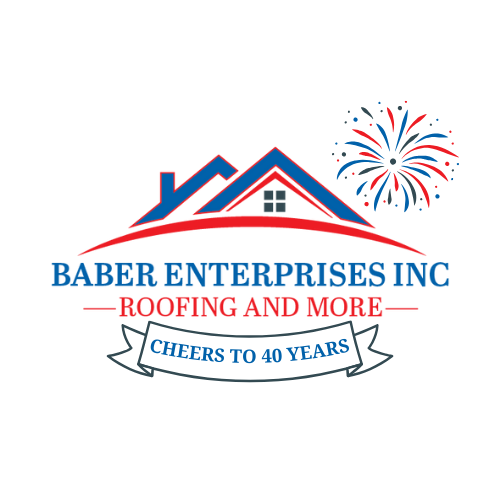 The logo for baber enterprises inc roofing and more cheers to 40 years.