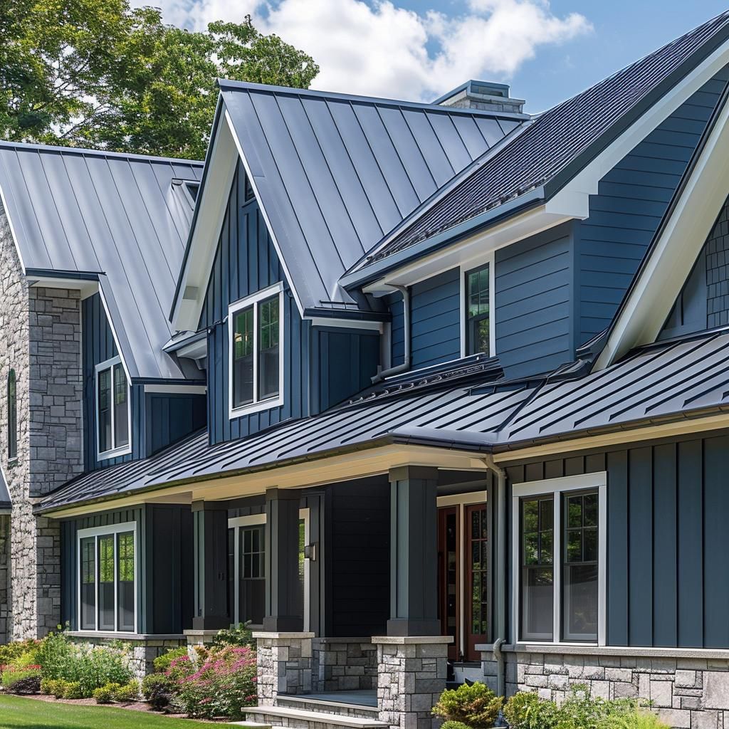 A large blue house with a metal roof and a large porch.