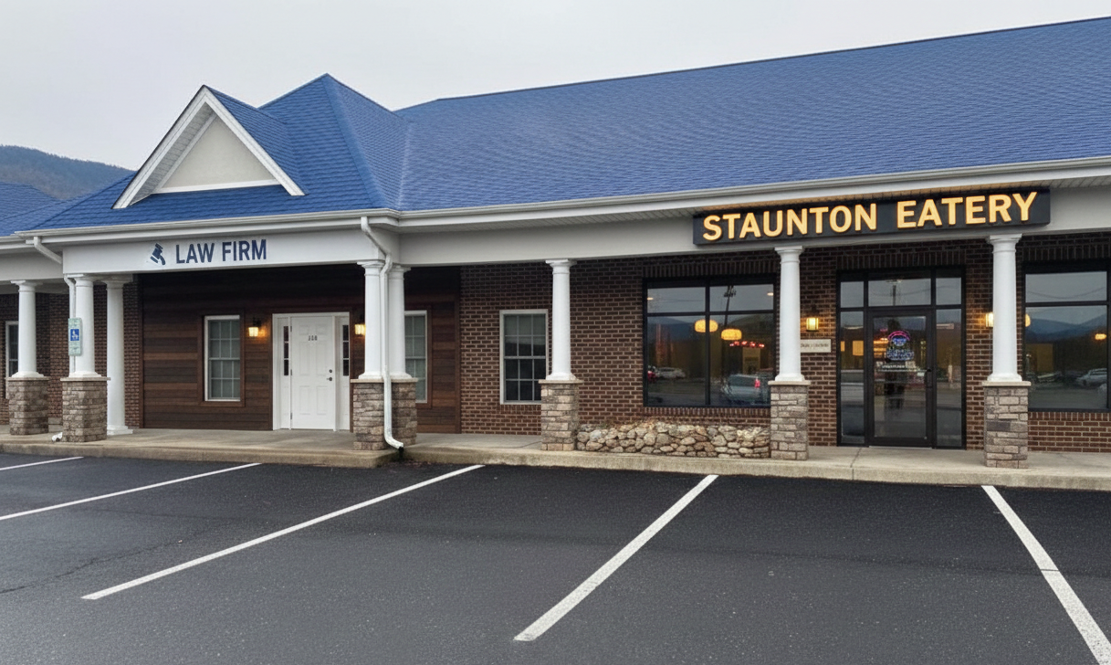 Staunton Eatery and 4 Lantern restaurants in a strip mall with a blue roof.