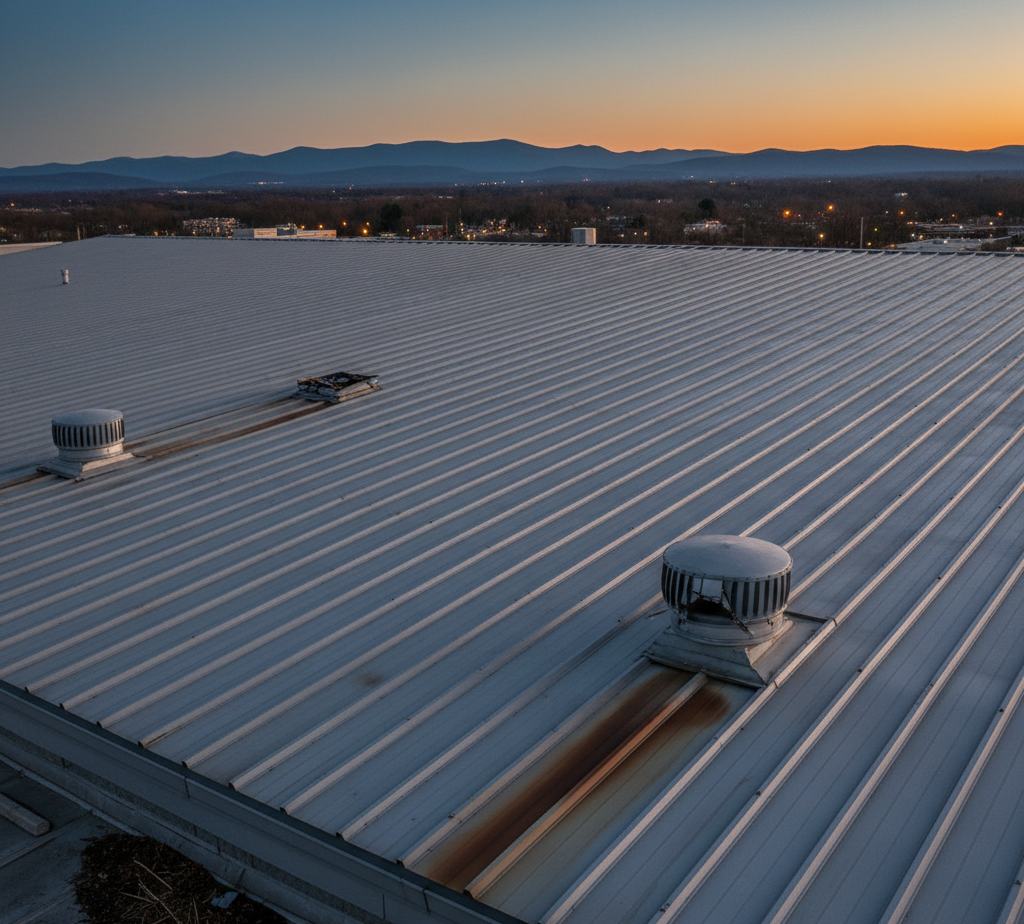 Aerial view of a large industrial building commercial roof with ventilation, sunset in background.