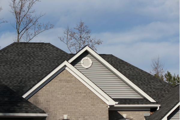 A house with a black roof and white trim