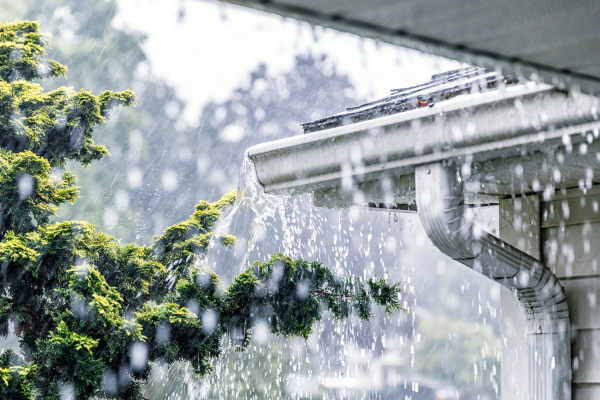 Rain is falling from the gutters of a house.