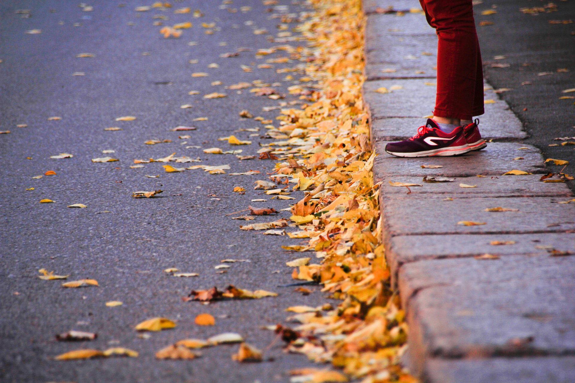 A person is standing on a sidewalk covered in leaves.