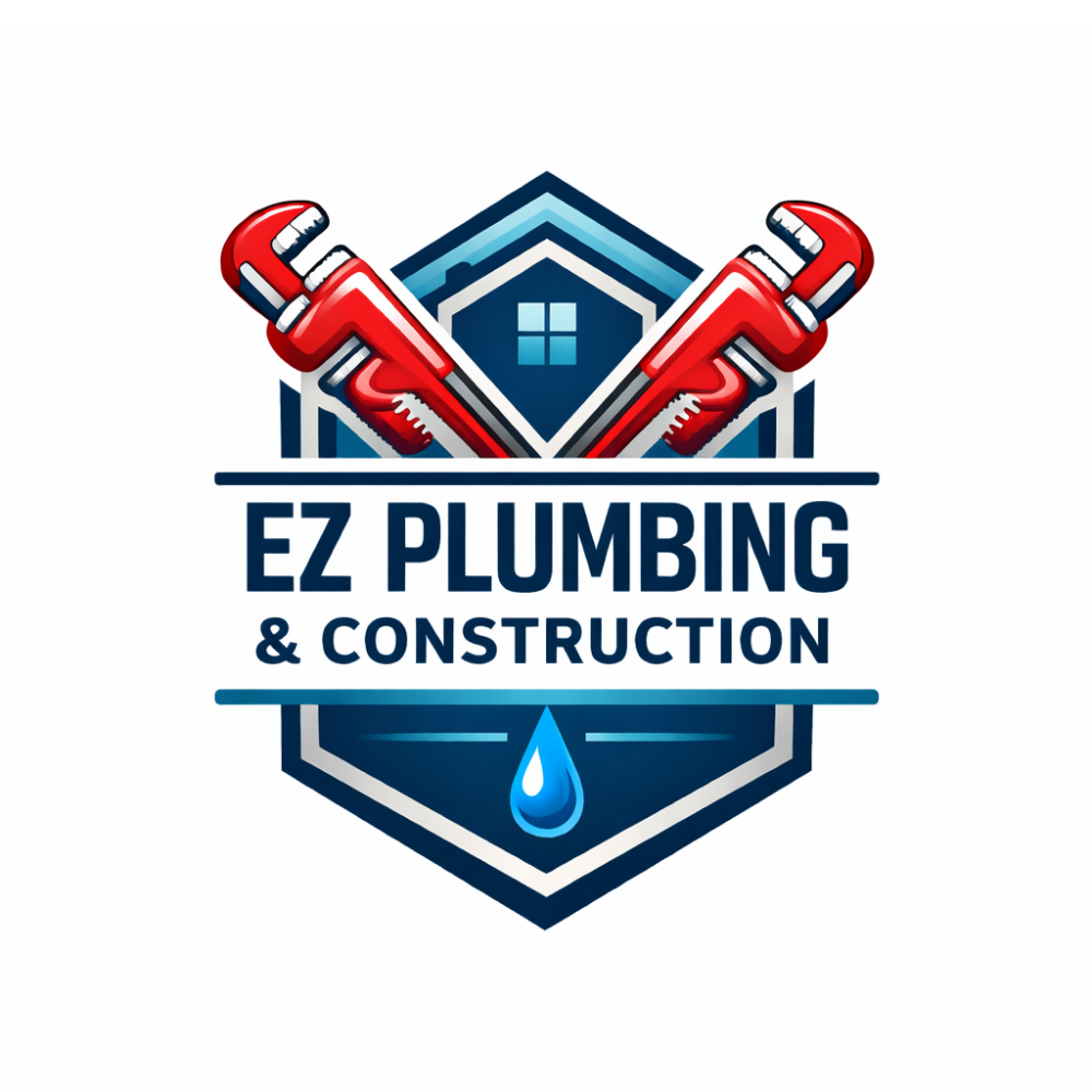 Logo for EZ Plumbing & Construction. Features red wrenches, a house, and water drop within a blue and white shield.