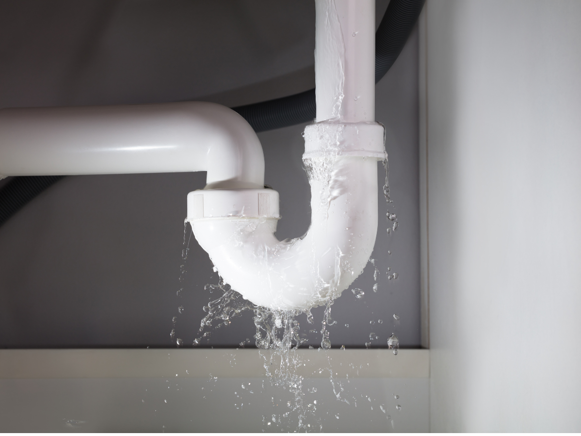 Leaking white PVC pipe under a sink; water dripping.