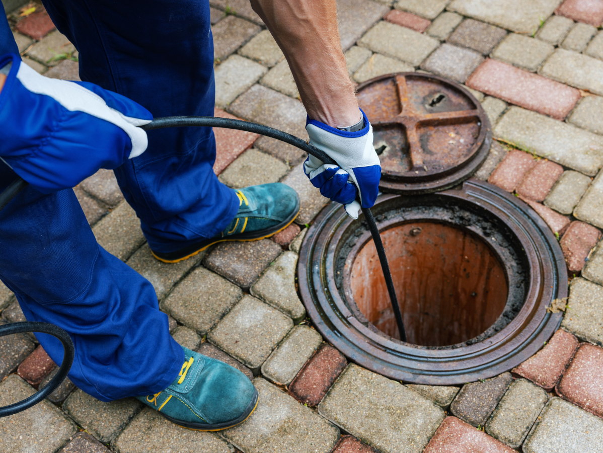 Person in blue work clothes using a snake tool to inspect an open manhole on a brick surface.