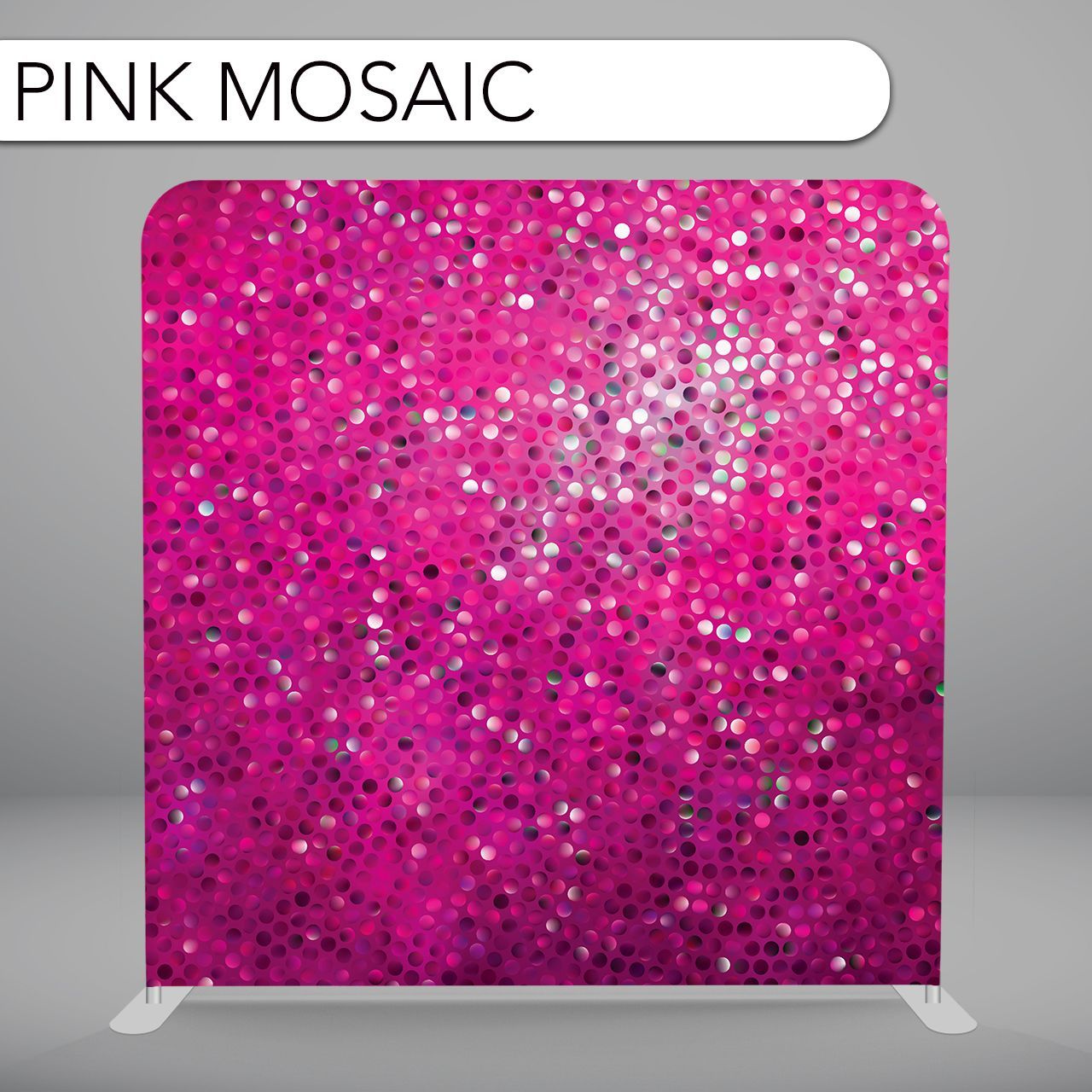 A pink mosaic backdrop with a white frame