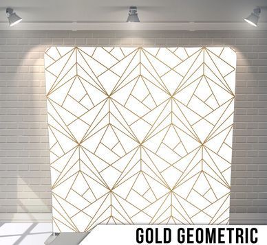 There is a gold geometric pattern on a white background.