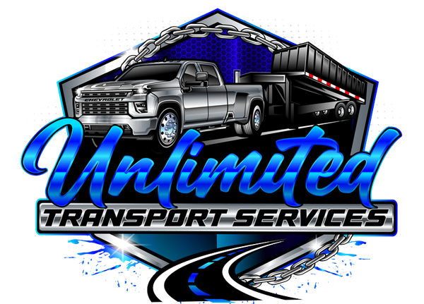 A logo for unlimited transport services with a truck and trailer.