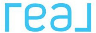 Light blue stylized text logo reading “real”