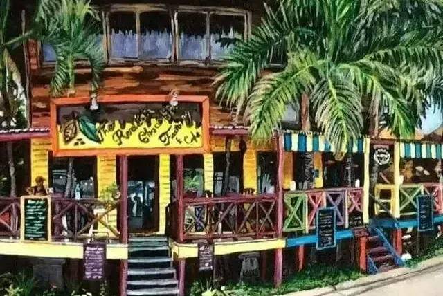 A painting of a colorful building with a sign that says ' shack ' on it