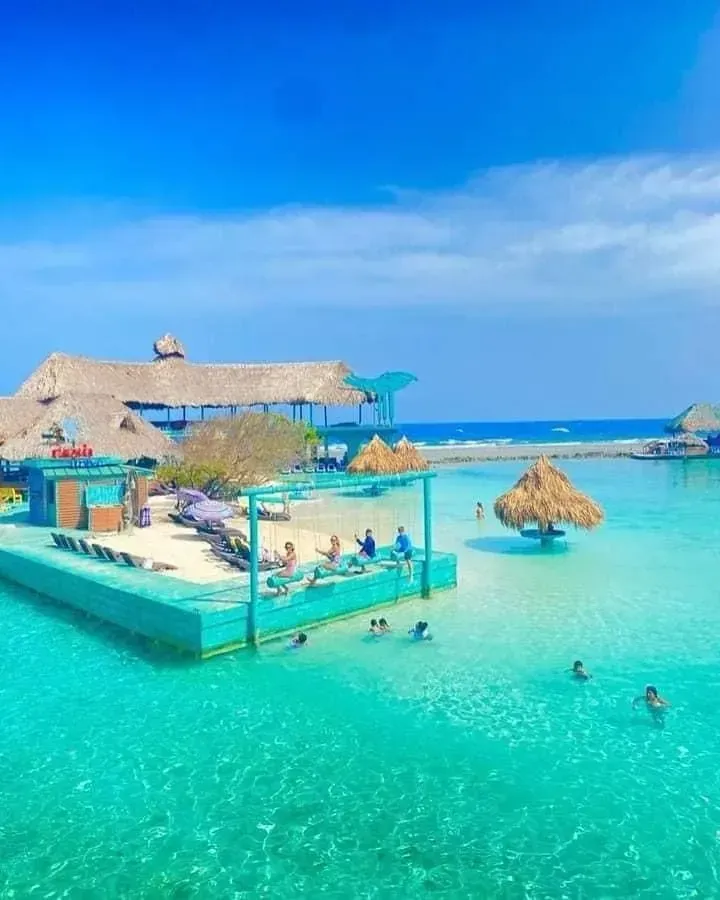 A group of people are swimming in the ocean near a dock.