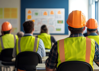 A group of construction workers wearing hard hats and safety vests are sitting in a classroom.